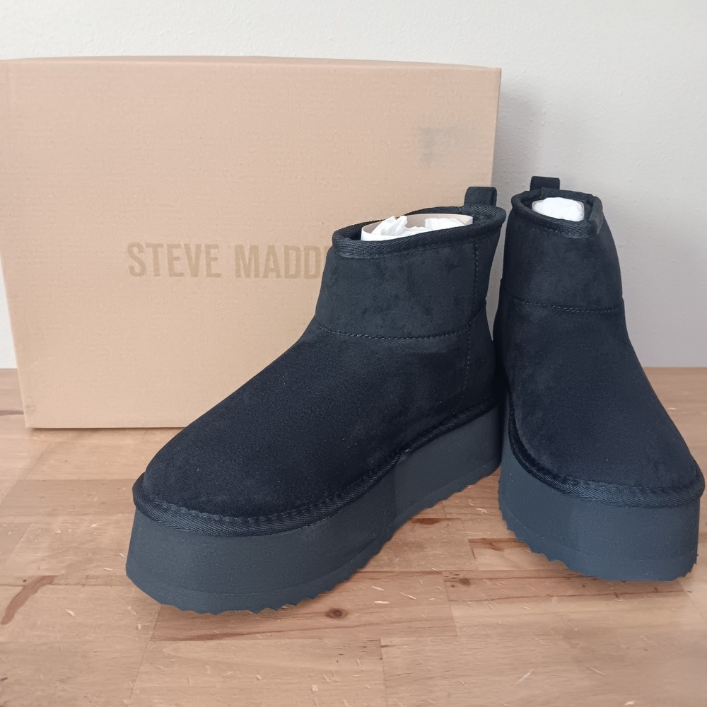 Steve Madden Crue Platform Boot Women 7 Black Faux Fur Lined Ankle Boot NWB